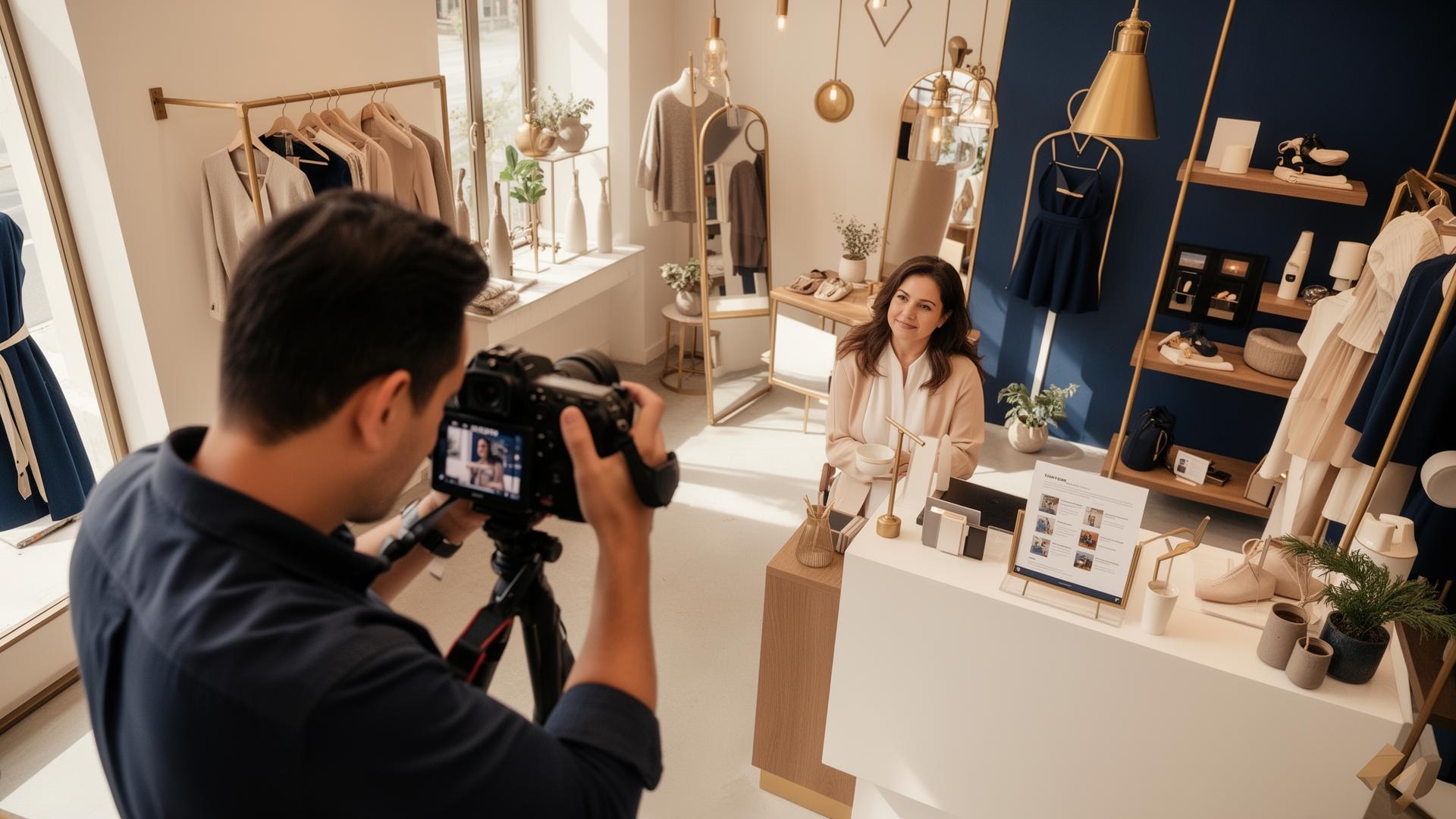 Content creator filming campaign visuals for a local business
